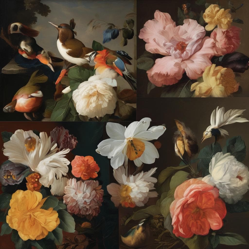 Άγρια πουλιά και πολύχρωμα λουλούδια σε ζωγραφική δημιουργία.