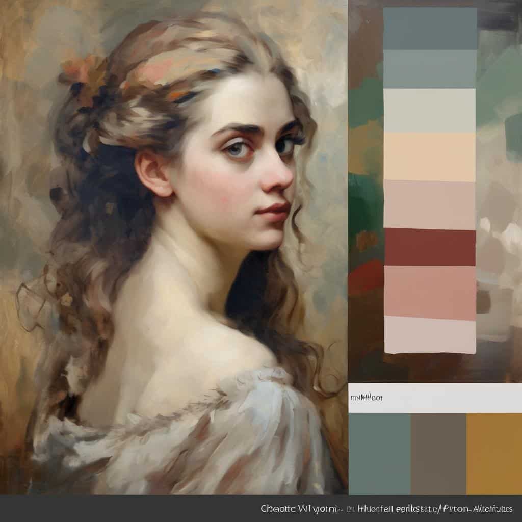 Όμορφη νεαρή γυναίκα με σγουρά ξανθά μαλλιά, πορτρέτο σε ζωγραφικό ύφος, κλεισμένη σε εντυπωσιακή σύνθεση.