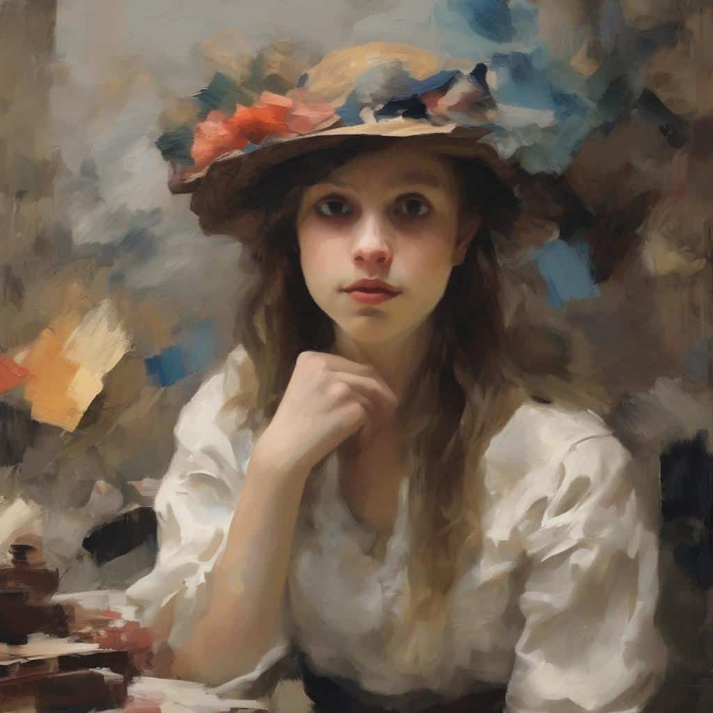 Ανθρώπινη φιγούρα με καπέλο και λευκό ρούχο σε πορτρέτο, αναπαράσταση σημαντικών καλλιτεχνών και η κληρονομιά τους.